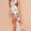 White Floral Print Chiffon Halterneck Maxi Dress