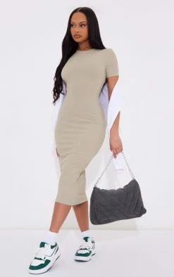 Moss Sand Ribbed Crew Neck Midi Dress