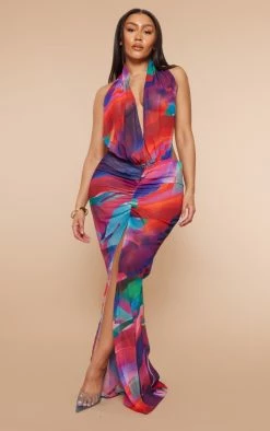 Shape Multi Printed Chiffon Drape Front Maxi Dress