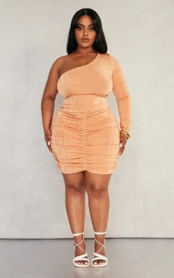 Plus Peach Acetate Slinky One Shoulder Bodycon Dress