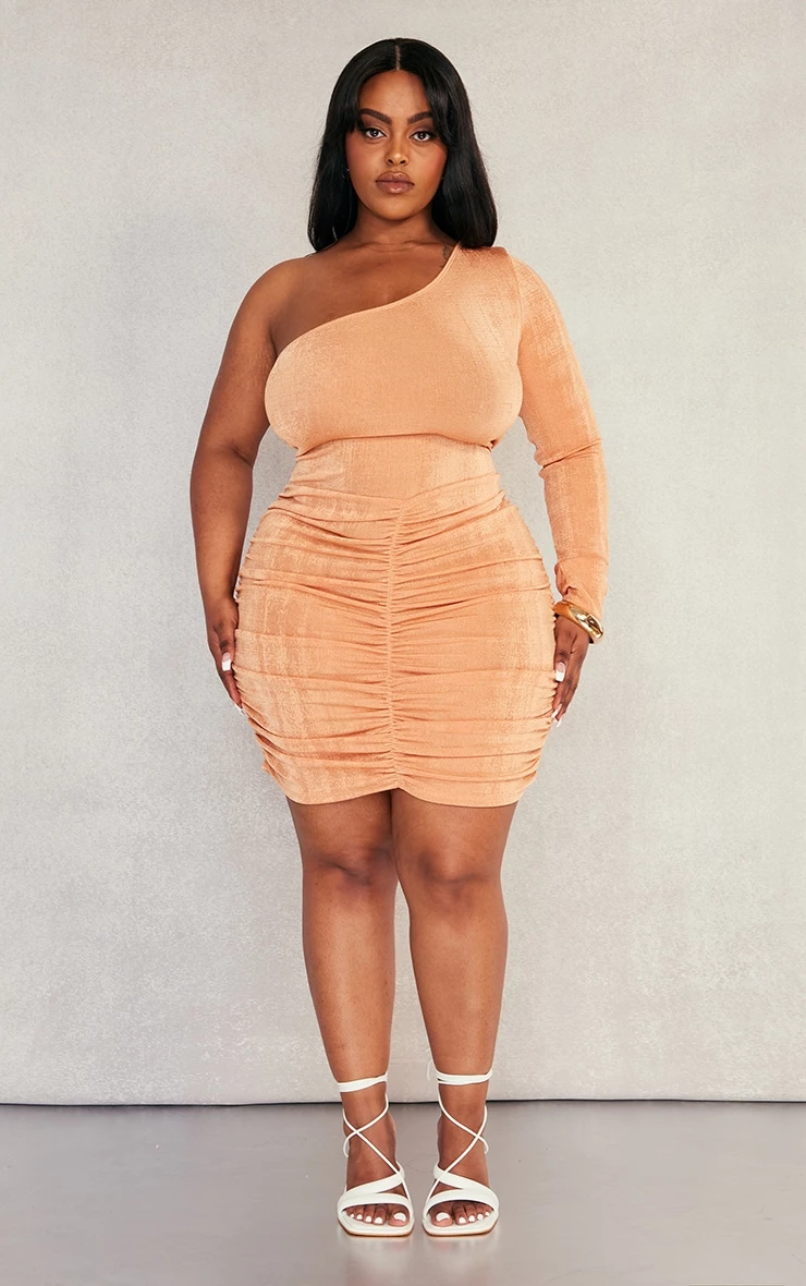 Plus Peach Acetate Slinky One Shoulder Bodycon Dress 3 Plus Peach Acetate Slinky One Shoulder Bodycon Dress