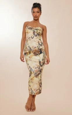 Beige Floral Print Satin Twist Cup Detail Midaxi Dress