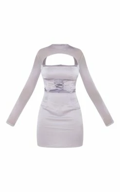 Silver Satin Lace Up Corset Mesh Sleeve Bodycon Dress -US Dresses Sales Store 56000d1d2c81b1caf2743f2bcbca716ac258bdf1 cnc7814 5
