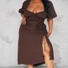 Plus Chocolate Puff Sleeve Ruched Side Split Midi Dress -US Dresses Sales Store 56e36e0aa2c30df298192c3cb14dc94184bae7c5 cnb6990 1