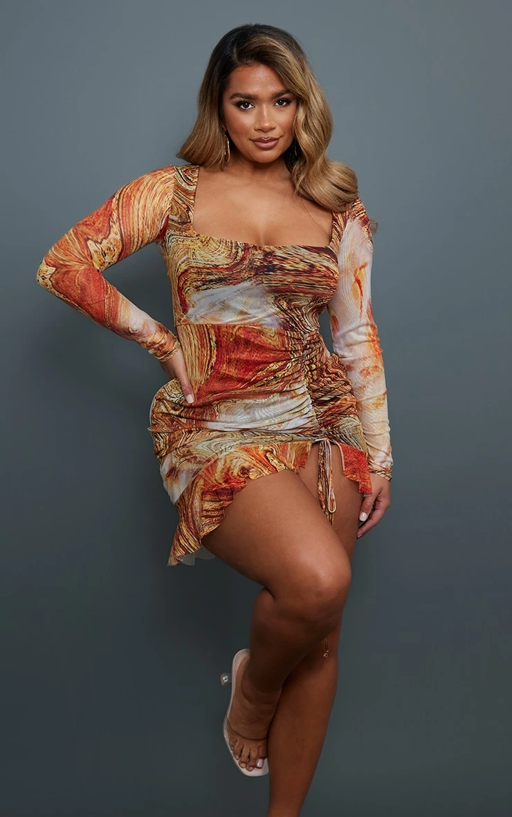 Shape Orange Swirl Print Mesh Long Sleeve Ruched Side Frill Hem Bodycon Dress 3 Shape Orange Swirl Print Mesh Long Sleeve Ruched Side Frill Hem Bodycon Dress