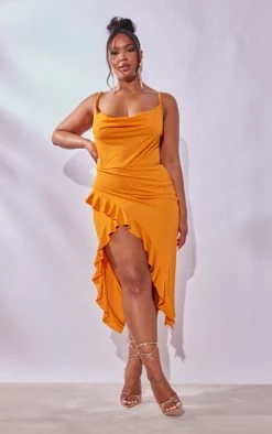 Plus Orange Crepe Ruffle Detail Midi Dress