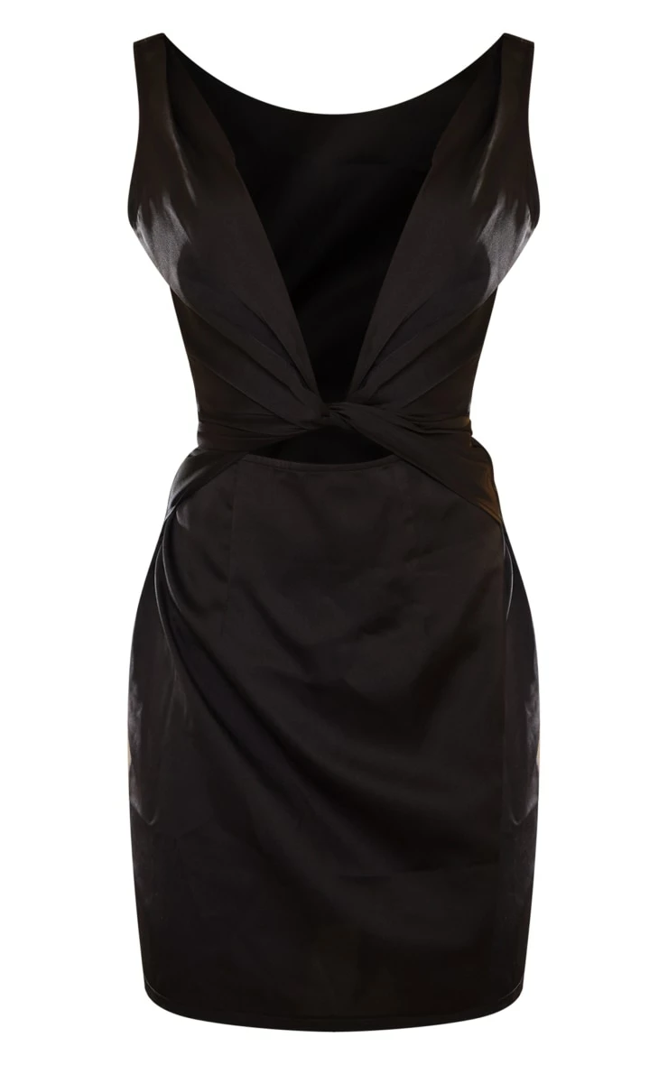 Black Satin Extreme Plunge Tie Waist Drape Bodycon Dress 7 Black Satin Extreme Plunge Tie Waist Drape Bodycon Dress - Image 5