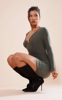 Khaki Slinky Trim Detail Long Sleeve Bodycon Dress -US Dresses Sales Store 58489b6238abbfce3b0b3ffca9e0225b3e0c91f8 cnc5771 3