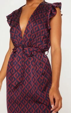 Navy Geo Print Satin Frill Shoulder Split Midi Dress -US Dresses Sales Store 584a6ec4964da0c8275e9ba09fc2f09c368a6cd5 cly2441 5