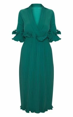 Emerald Green Frill Detail Pleated Midi Dress -US Dresses Sales Store 594ef733ecb1425d67f887544a009bde093000b9 cly5090 3
