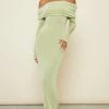 Sage Green Acetate Slinky Bardot Long Sleeve Maxi Dress