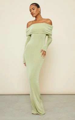 Sage Green Acetate Slinky Bardot Long Sleeve Maxi Dress