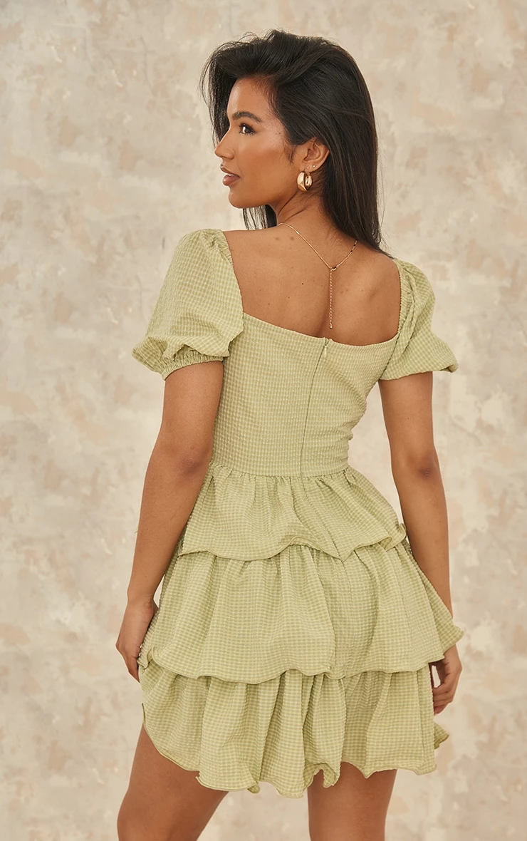 Sage Green Crinkle Cup Detail Tiered Skirt Skater Dress 3 Sage Green Crinkle Cup Detail Tiered Skirt Skater Dress - Image 2