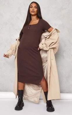 Maternity Chocolate Soft Knit Button Midi Dress