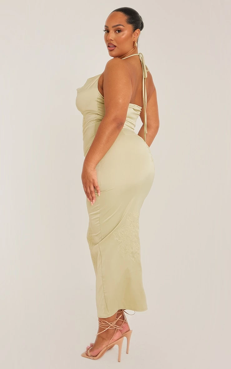 Plus Green Halterneck Satin Embroidered Maxi Dress 4 Plus Green Halterneck Satin Embroidered Maxi Dress - Image 2
