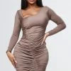 Shape Taupe Slinky Asymmetric Neckline Ruched Bodycon Dress