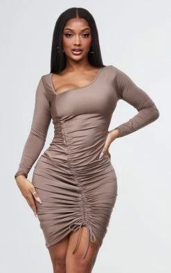 Shape Taupe Slinky Asymmetric Neckline Ruched Bodycon Dress
