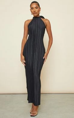 Black Plisse High Neck Low Back Maxi Dress
