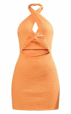 Orange Textured Halter Twist Detail Bodycon Dress -US Dresses Sales Store 5e778756f81ed5a25606877350895784b908a079 cnd5890 5