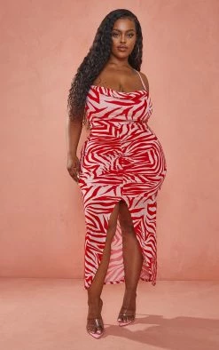 Plus Rose Devore Ruched Cowl Neck Midi Dress