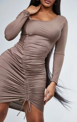Shape Taupe Slinky Asymmetric Neckline Ruched Bodycon Dress -US Dresses Sales Store 5f60d3ff02bb56b7ac63844178fa4cdf374388fe cnc8791 4