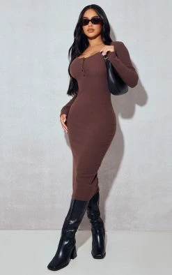 Petite Chocolate Long Sleeve Brushed Button Detail Bodycon Dress