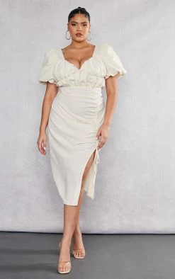 Plus Cream Puff Sleeve Ruched Side Split Midi Dress