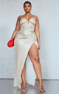 Plus Gold Diamante Strap V Bar Glitter Midaxi Dress