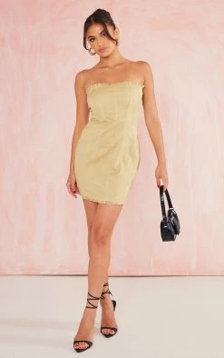 Sage Linen Look Bandeau Binding Detail Frayed Hem Bodycon Dress
