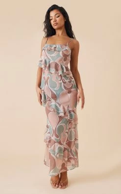 Multi Abstract Print Chiffon Frill Detail Maxi Dress