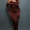 Shape Chocolate Brown Satin Halterneck Bardot Sleeve Midi Dress