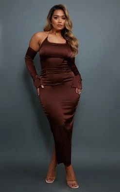 Shape Chocolate Brown Satin Halterneck Bardot Sleeve Midi Dress