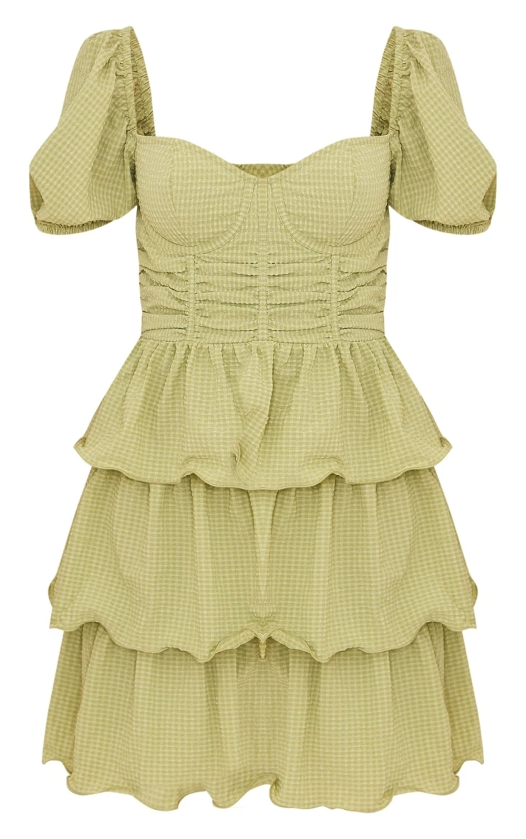 Sage Green Crinkle Cup Detail Tiered Skirt Skater Dress 6 Sage Green Crinkle Cup Detail Tiered Skirt Skater Dress - Image 5