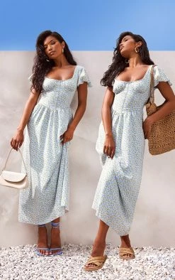 Blue Floral Corset Detail Midaxi Dress