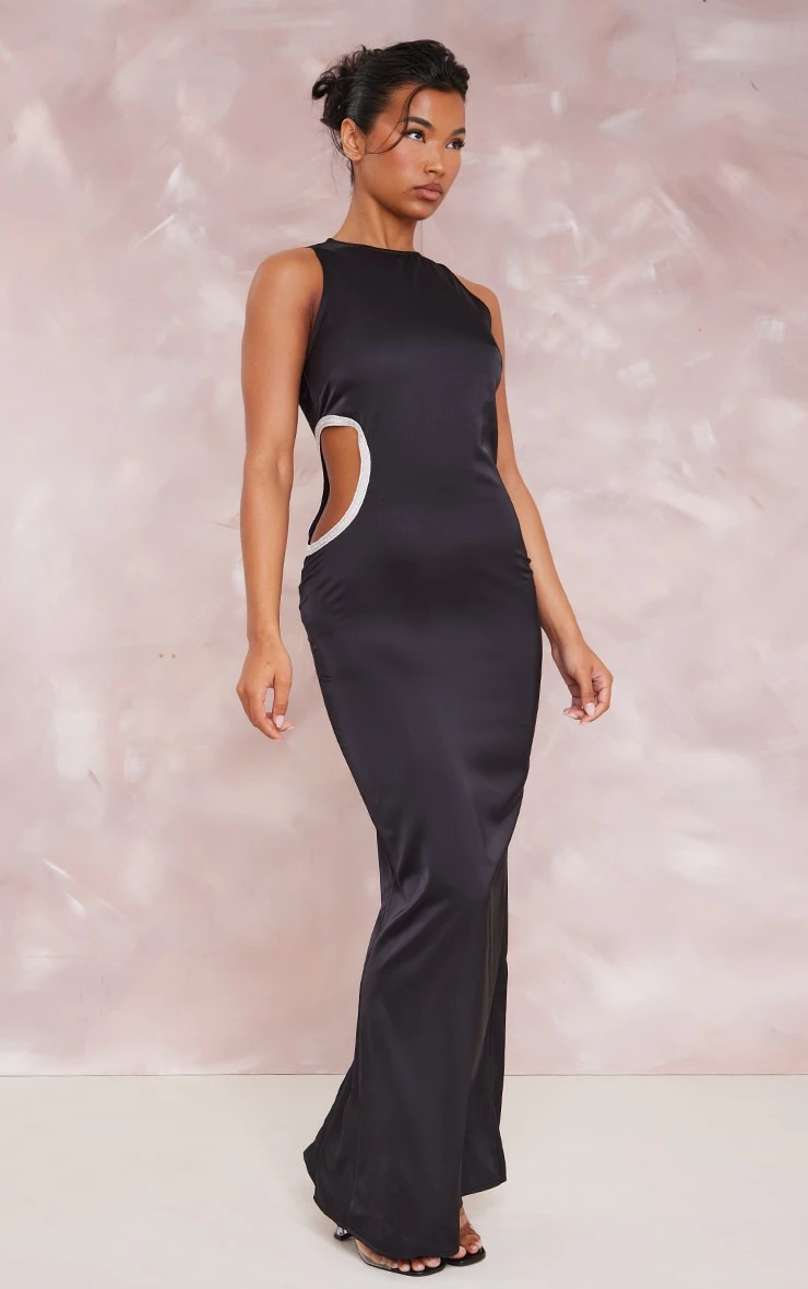 Black Satin Embellished Side Cut Out Detail Maxi Dress 5 Black Satin Embellished Side Cut Out Detail Maxi Dress - Image 3