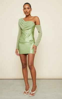 Sage Satin One Shoulder Chiffon Drape Bodycon Dress -US Dresses Sales Store 6554373d5212aa7674d9891c652dd54cf0cabe1d cnd0357 3