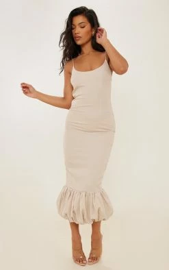 Champagne Woven Spaghetti Strap Puff Hem Midaxi Dress