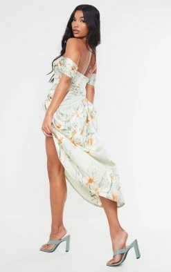 Sage Green Floral Print Satin Draped Bardot Midi Dress -US Dresses Sales Store 65e9c198d8bdf7a06183a471df3b4ba3bc842799 cmq6545 3