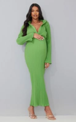 Maternity Green Plisse Button Thru Midi Dress -US Dresses Sales Store 6658f052243318ba54c5f393c806127be07ec167 cmw5737 4