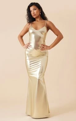Gold Foil Binding Detail Strappy Maxi Dress