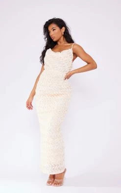 Cream Chiffon Ruffle Cowl Strappy Maxi Dress