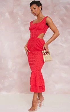 Red Broderie Anglaise Corset Detail Tiered Midaxi Dresss -US Dresses Sales Store 68aa678aaa376d36472a09aee1a2288677e7a426 cnd7582 3