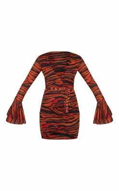 Orange Zebra Print Mesh Flared Sleeve Tie Waist Bodycon Dress -US Dresses Sales Store 68f2f986158c35d554bb9a3fc48f422f0f905372 cmr5018 6