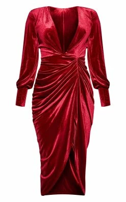 Burgundy Velvet Long Sleeve Plunge Draped Midi Dress -US Dresses Sales Store 68fd3c9e248e0dc0b2bc295798d5ce3f4aa2e4f1 cmu6111 6