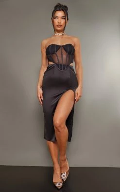 Black Mesh Bandeau Corset Split Detail Midi Dress