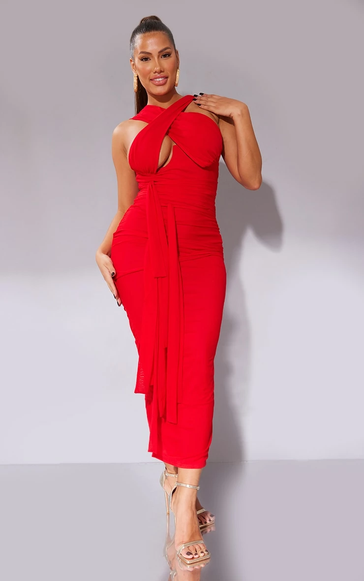 Shape Red Mesh Wrap Neck Tie Detail Midaxi Dress 3 Shape Red Mesh Wrap Neck Tie Detail Midaxi Dress