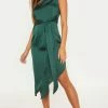 Emerald Green Satin One Shoulder Tie Waist Asymmetric Hem Midi Dress
