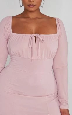 Plus Rose Puff Sleeve Tie Front Midi Dress -US Dresses Sales Store 6be8c021399040e44e0cbf7a43c00939296d921b cnc2191 4