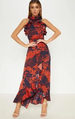 Navy Floral Print Frill Detail Wrap Maxi Dress -US Dresses Sales Store 6c22a34cfe0e8222638435e6827b0ff72b5dca28 cly4026 4
