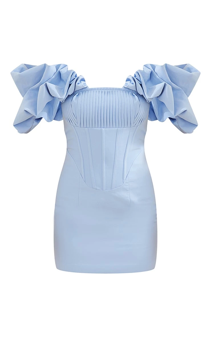 Light Blue Pleated Corset Detail Puff Sleeve Bodycon Dress 7 Light Blue Pleated Corset Detail Puff Sleeve Bodycon Dress - Image 5